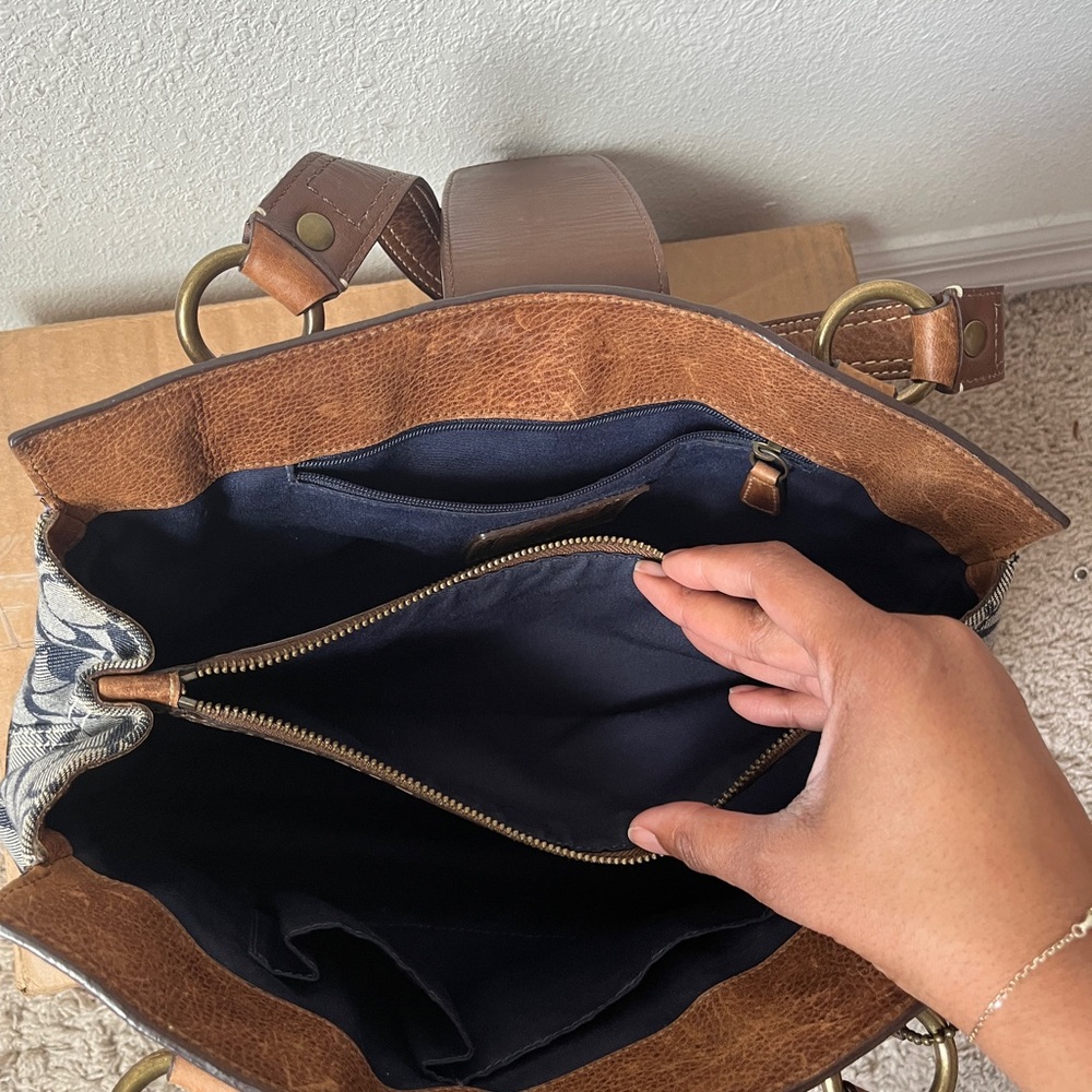 Vintage Coach Patchwork Leather-Trim Satchel Handbag Brown and Blue - Picture 6 of 6